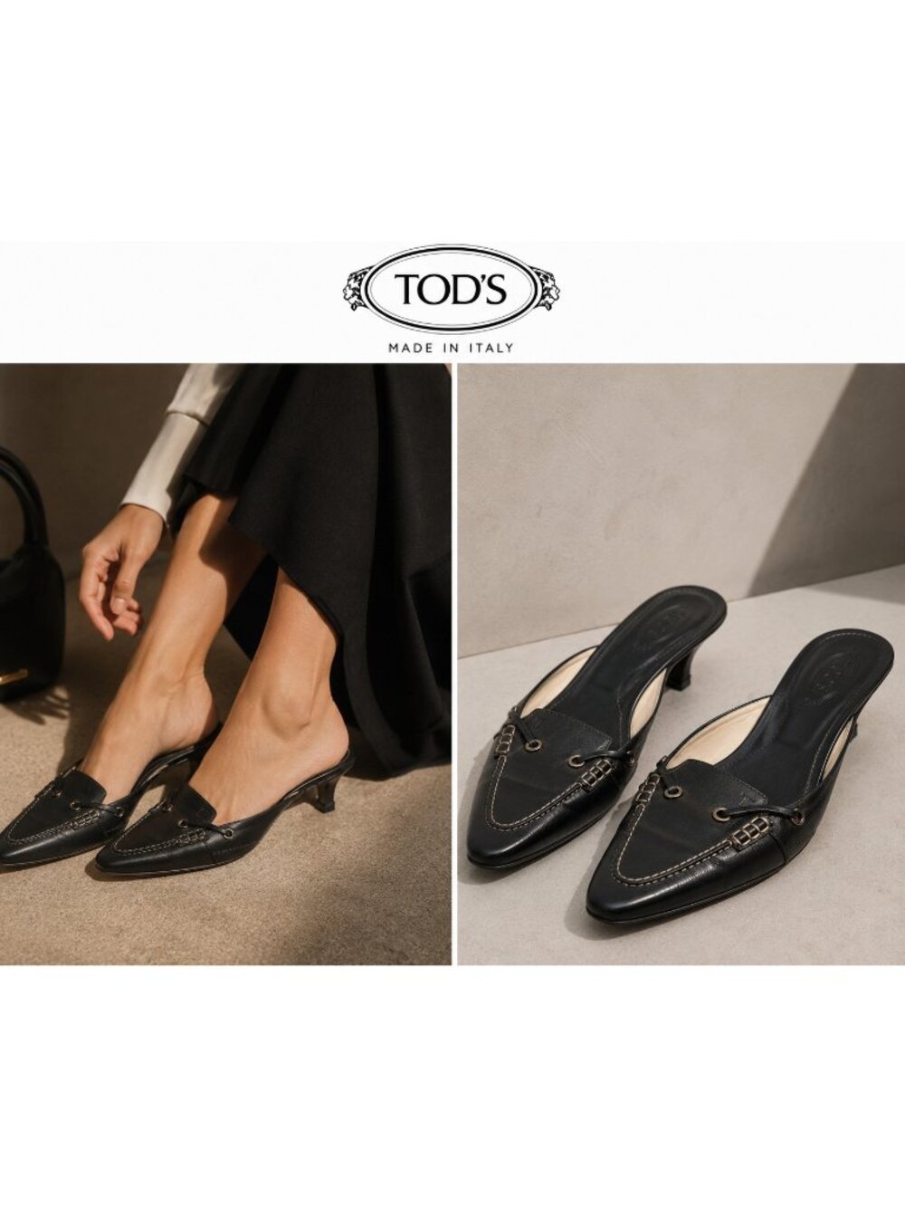Tod’s Women’s Black Leather Pointed Toe Kitten Heel Mule Loafers Size 7.5